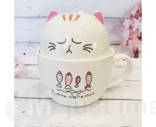 Кото кружка з блюдцем біла  кераміка колір білий с рожевим