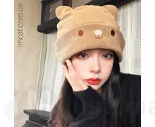 Шапка з вушками розмір М коричнева 01